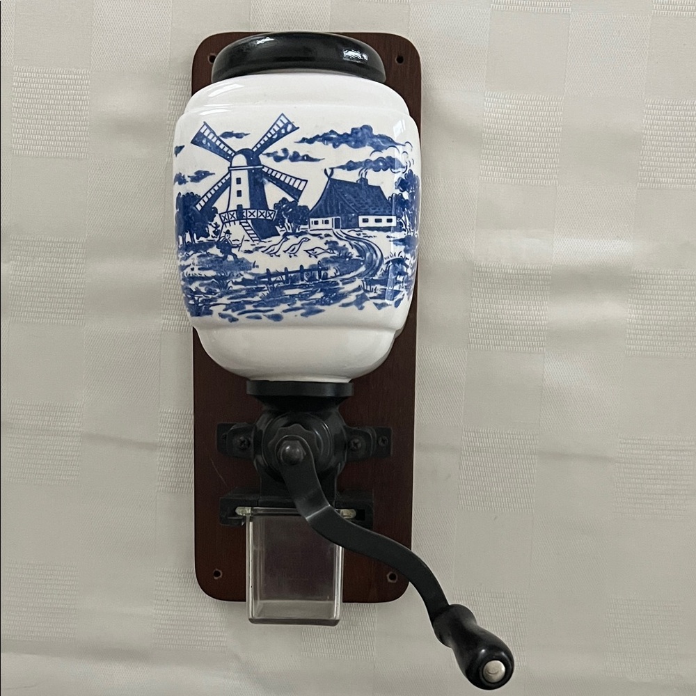 Vintage Dutch “Blue Delft” Wall-Mounted Manual Coffee Grinder